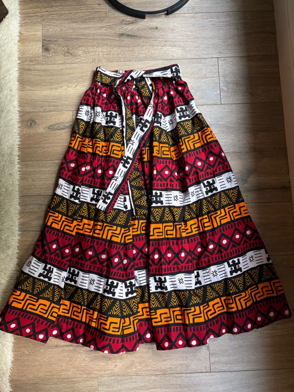 African Print Cotton Wrap Tie Maxi Skirt Elastic Waist Boho Festival Tribal S/M - Picture 2 of 9